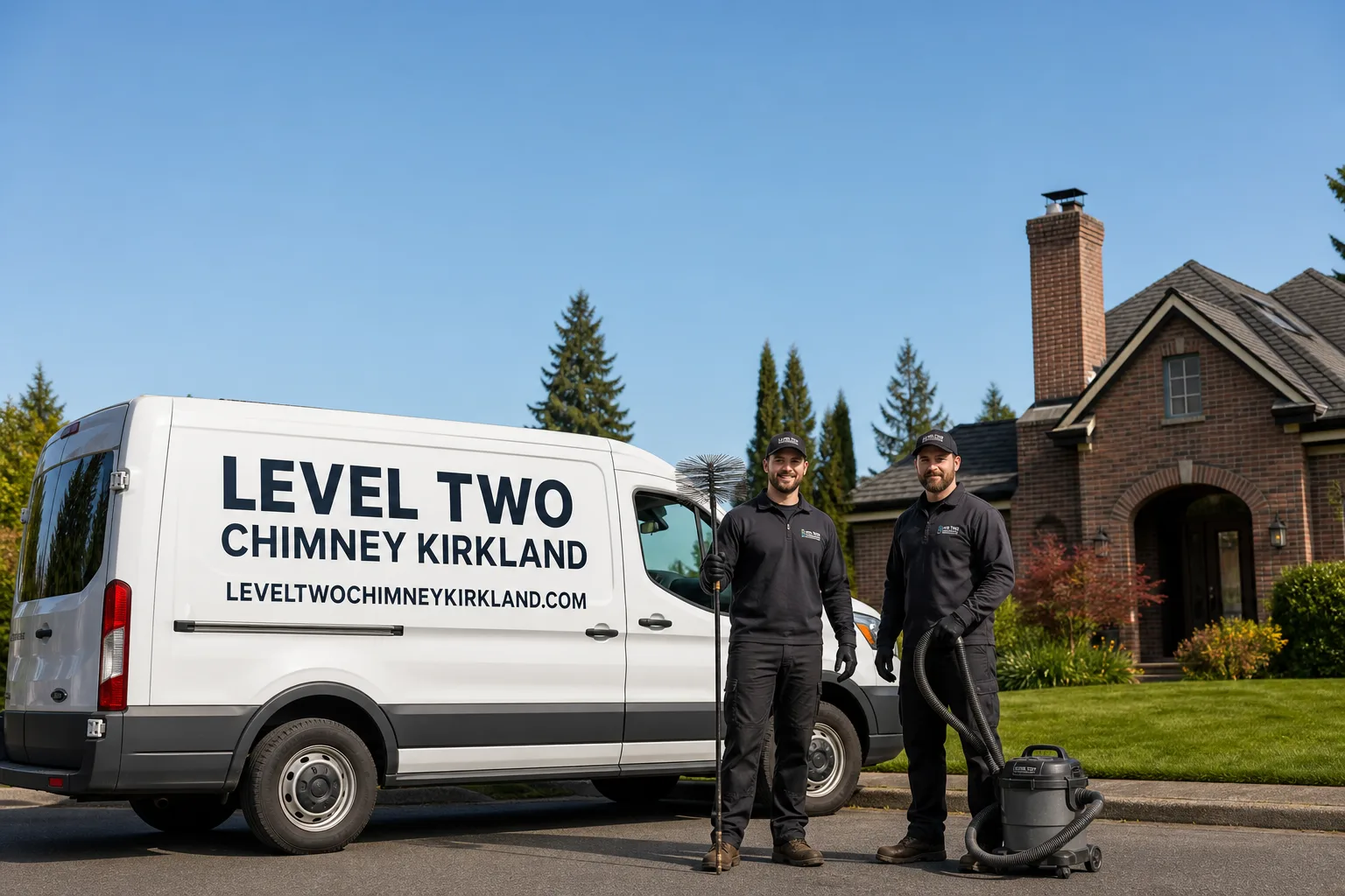 Level Two Chimney Kirkland chimney cleaning service vehicle and crew in Kirkland, WA